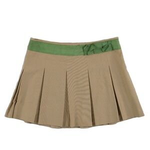 Theory Mini Skirt Womens Size 10 Tan Green Pleated Grosgrain Bow USA Vintage Y2K